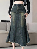 Getadme-Vintage Ripped Women Mermaid Skirt New Fashion Y2K Streetwear Jeans Skirts Female Retro Casual Irregular Hip Skirts Denim