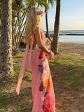 GETADME Nibber Backless Flower Print Dress Women Sleeveless Lace-Up Tassel Halter Folds Patchwork 2025 Beach Vacation Party Vestidos