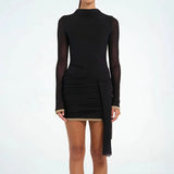 GETADME Sexy Half High Collar Long Sleeve Women Mesh Pactchwork Slim Fit Party Mini Dress Ladies Elegant Mini Vestidos 2025