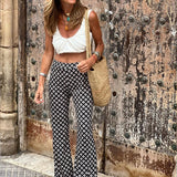GETADME Lady Boho Style Elastic High Waist Tight-fitting Flare Pants Aesthetic Printing Holiday All-match Trendy Trousers Leggings