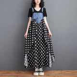 GETADME 2025 Summer New Elegant Women's Dress Loose Denim Patchwork Chiffon Overalls Sexy Suspender Dress Spaghetti Strap Robe KE903
