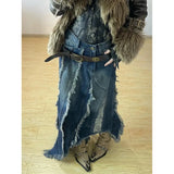 GETADME Women Blue Denim Half Body Skirt Tassels Bottoms High Waist Casual Korean Mid Length Skirt Baggy Vintage Female Long Skirt