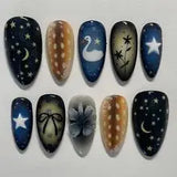 GETADME 24pcs Gradient Black False Nails Cute Cartoon Cat's Eye Forest Elf Girl Press On Nails Glossy Almond Sweet Cool Fake Nail Tips