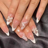 GETADME 화이트 프렌치 스타일 가짜 손톱 젠틀 핑크 프레스온 네일 3D 리본 디자인 아몬드 참 매니큐어 한국식 가짜 손톱 24개