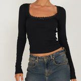 GETADME Women Y2k Crop Tops Autumn Spring Long Sleeve Square Neck Ribbed Slim Fitted T-Shirt Aesthetic Fairy Tees Tops Retro Streetwear