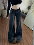 GETADME American Retro Low Waisted Jeans for Women's New Style Loose and Personalized Spicy Girl Design Washed Micro Flared Pants