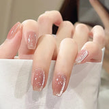 GETADME 24Pcs Rainbow Color Glow Cat Eye Press on False Nails with Glue Glitter Short Square Nails Sweet Cool Gradient Summer Fake Nails