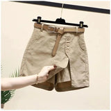 GETADME New 2025 Women's Cotton Shorts High Waist A- Line Skirt with Belt Korean Style Summer Fashion Button Pure Cotton Pants