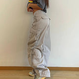 Getadme Y2K Women Vintage Cargo Pants Fashion Streetwear Low Waist Wide Leg Straight Trousers Big Pockets Baggy Casual Solid Sweatpants