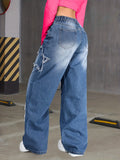 GETADME Girl's Y2K New Five-Star Patch Trendy Straight-Leg Jeans, Elastic Waist, Comfortable Fabric, Suitable for All Seasons to Wear.