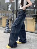 GETADME 2025 Cyber Y2K Fashion Letter Embroidery Washed Blue Baggy Jeans Pants For Women Clothing Wide Leg Lady Trousers Pantalon Femme