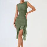 GETADME Wefads Women Maxi Dress Summer Elegant Solid Sleeveless Nipped Waist Slim Backless Ruffled Irregular Party Dresses Streetwear