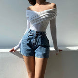 GETADME Autumn 2025 Fashion Overlapping Fold Off-the-shoulder Solid Color Female Bodysuit Long Sleeved Simple All-match Slim Basic Top