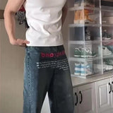 GETADME Korean Version Retro Letter Printed Jeans For Men Loose Straight Leg Wide Leg Pants High Street Hip-Hop Design Casual Pants