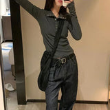 GETADME Y2K High Street Women Sweaters 2025 New Gray White Button Up Bottoming Pullover Woman Slim Fit Long Sleeve Knitted T-Shirt