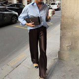 GETADME Linad Elegant Brown Satin Wide Leg Pants Women Autumn Fashion Beige High Waist Trousers Street Chic Silk Long Pants Female 2025