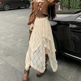 Getadme-Chic Women Skirts Summer Lace Asymmetrical Skirt Vintage Y2K Boho Aesthetic Fashion High Waist Mid Skirts Lady Holiday Outfits