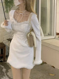 White Y2k Mini Dress Party Women Casual Fur Knit Dress Lolita Female Kawaii Clothing Vintage One Piece Dress Korean 2022 Spring