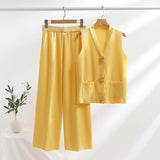 GETADME Vest Set Gold Botton OL Style 2025 New V Neck Set 2 Pieces Sweater Set For Summer Baggy Wide Leg Long Pants