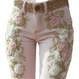 GETADME Spring Autumn New Women's High Waist Rose Embroidery Beaded Denim Pants Versatile Comfortable Casual Trendy Commuting Daily Wear