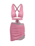 여름 코르스 붕대 로우 컷 탑과 스커트 투피스 세트 여성 2022 글리터 섹시 클럽 의상 여성 핑크 의류 2피스