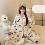 GETADME Autumn Winter New Pajamas Lapel Neck Long Sleeve Colourful Dot Print Warm Sleepwear Thick Casual Pajamas Coral Fleece Two-Piece