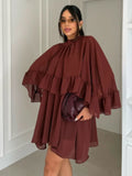 GETADME Elegant Solid Multiple Flounces Lace Up Dresses Chic Loose V Neck Full Sleeve Robes New Lady Summer Commute Vacation Gown 2025