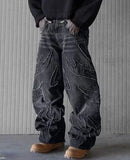 GETADME New Y2K Harajuku Retro Graphic Patch Jeans Hip Hop Gothic Raw Edge Embroidery Black Baggy Jeans Wide Leg Denim Pants Mens Womens