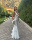 GETADME Sexy White Lace Hollow-out Halter Dress Women Chic Sleeveless Off-shoulder Backless Maxi Dresses 2026 Lady Vacation Beach Gowns