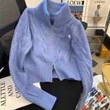 GETADME Vintage Korean Style Stand Collar Sweater Jacket Autumn/Winter Age-Reducing Zipper Embroidery Knitted Cardigan University Top