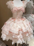 GETADME Japanese Sweet Lolita Kawaii  Fluffy Dress Women JK Lovely Ballet Princess Cake Dresses Harajuku Lace Bow Patchwork Cute Outfit
