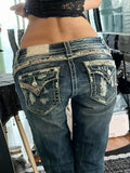 GETADME Y2K Vintage Distressed Low-Rise Jeans Plus Size American Retro Destroyed Denim Pants Embroidered Flared Drag Hem Jeans for Women