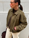 GETADME Vintage Suede Zipper Jacket Women Casual Oversized Lapel Green Long Sleeve Bomber Coats 2025 Spring Street Chic Outerwear Tops