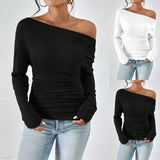 GETADME Women’s Sexy Slim Off Shoulder Top T-Shirt Casual Soft Solid Color Tunics Trendy Y2k Ladies Asymmetrical Long Sleeve Tee