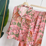 GETADME 여성 파자마 세트 봄 가을 2피스 타이거 프린트 파자마 포켓 인조 실크 새틴 잠옷 긴팔 파자마 여성 파자마 홈웨어