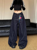 GETADME Women's Vintage Deep Blue Loose Wide Leg Jeans Street Cool Girl High Waist Baggy Pants Female Casual Straight Denim Trousers