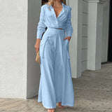 GETADME Elegant Fashion Women's Trousers Suits High Waist Wide Leg Pockets Pants V Neck Long Sleeve T-Shirts Solid Two Piece Sets