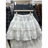 GETADME 가을/겨울 하이웨이스트 슬리밍 화이트 벌룬 스커트 여성용 레이스와 신축성 허리 밴드 미니 드레스