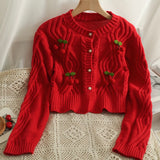Getadme- Chic Fashion Cherry Knitted Cardigan Women Autumn Cute Button Up O-neck Long Sleeve Coat Streatwear Lady Y2K Sweaters
