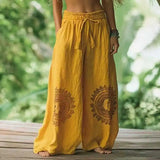 GETADME Vintage Women Casual Loose Print Wide Leg Pants Ethnic Print Bohemian Long Pants Women Fashion High Waist Solid Long Trousers