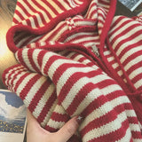 GETADME Contrast Color Stripe Hood Knit Cardigan Women Autumn and Winter New Loose Design Sense Long Sleeve Cardigan Sweater Outerwear