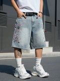 GETADME Men's Light Blue Cherry Blossom Embroidered Denim Shorts, Loose Wide-Leg Streetwear Trendy Denim Capris