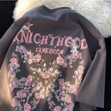 Getadme 아메리칸 스타일 레트로 루즈 로즈 버터플라이 엔젤 프린팅 반팔 티셔츠 남녀 연인 여름 루즈 캐주얼 탑