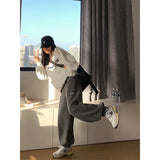 겨울 여성 캐주얼 스포츠 팬츠 하이웨이스트 조거 패션 셰르파 두꺼운 빔 피트 팬츠 그레이 루즈 엘라스틱 허리 바지