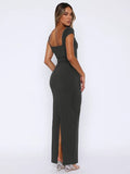 Getadme-Fashion Summer Square Collar Sleeveless Long Dresses for Women 2024 Elegant Office Lady Backless Split Slim Evening Party Dress