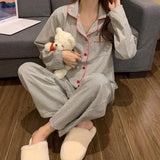 GETADME 2PCS/세트 여성용 긴팔 루즈 통기성 학생 잠옷 라운지웨어 카디건 회색 줄무늬 여아 패션 잠옷 홈웨어