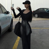 GETADME 여성용 가을 스퀘어 칼라 풀오버 드레스 하이웨이스트 피쉬테일 긴소매 프린트 힙 허깅 가운