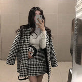 GETADME Spring Autumn 2025 New Houndstooth Suit Women's Fashion Loose Double-Breasted Cotton Woolen Coat+High Waist Skirt Two-Piece Suit