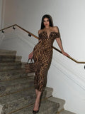 GETADME 여성용 스팽글 맥시 드레스 패션 섹시 레오파드 프린트 파티웨어 슬래시 넥 슬리브리스 스키니 힙 랩 롱 베스디시 로브