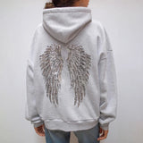 GETADME Retro shiny wings printed long-sleeved zipper casual sweatshirt autumn and winter women's hooded straight pants solid color suit